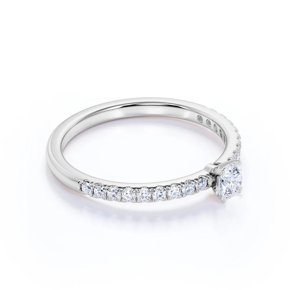 Simple 1 Ct Natural Circle Moissanite Ring – Dainty Micro Pave Thin Band Engagement Ring in 18K White Gold over Silver