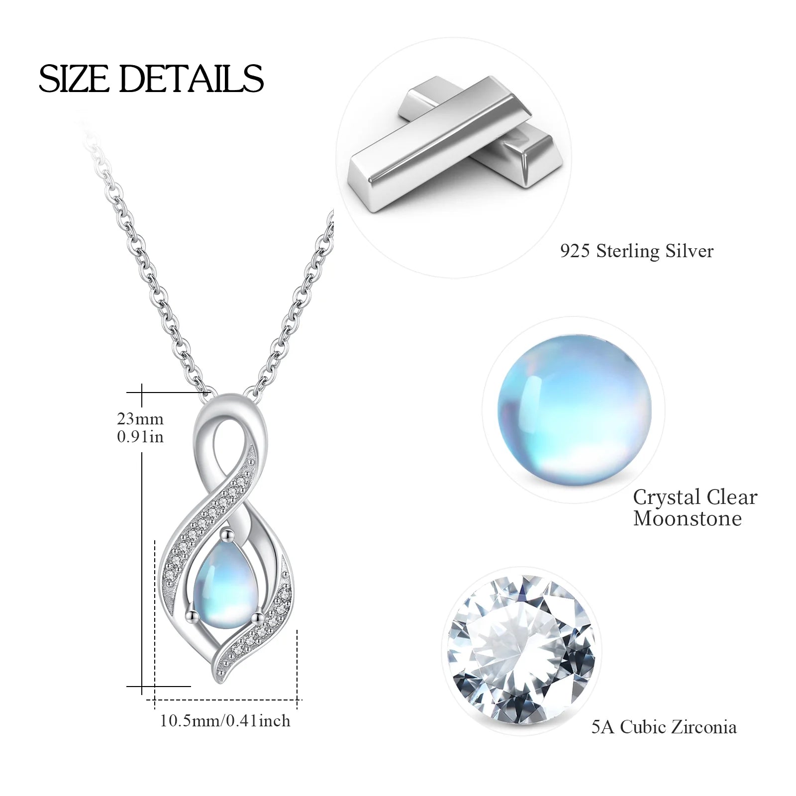 Moonstone Pendant Necklace for Women – 925 Sterling Silver, 18K White Gold Plated – Elegant Jewelry Gift for Mom, Wife, Daughter