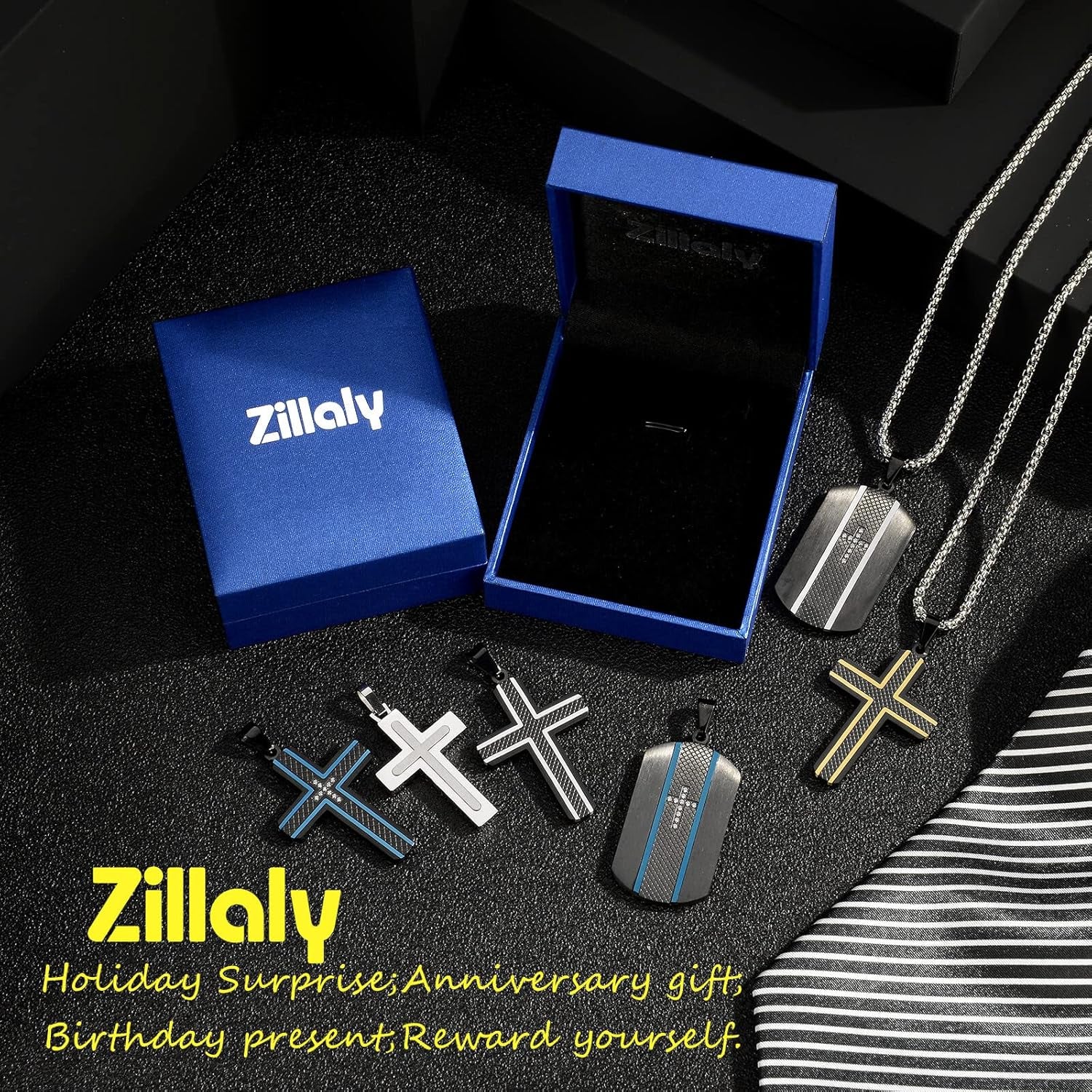 Men’s Stainless Steel Cross Necklace – Two-Tone Black & Blue Carbon Fiber Pendant with Gift Box | Modern Faith Jewelry