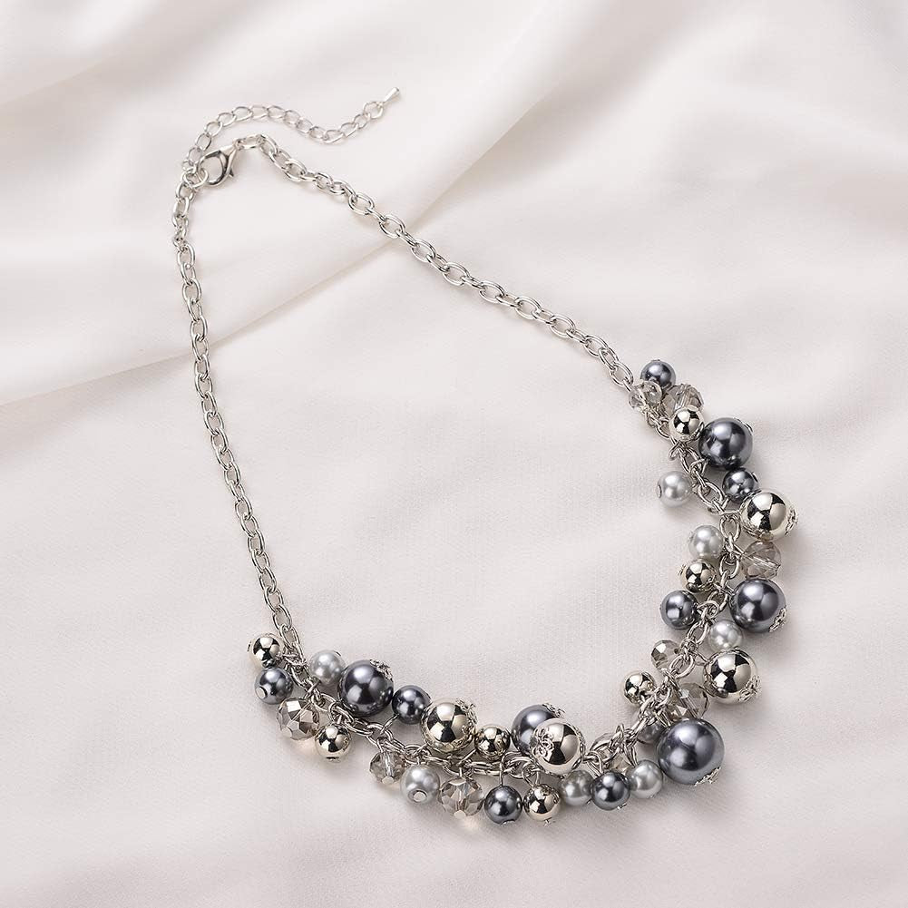 Chunky Beaded Statement Necklace for Women – Boho Silver Pendant Collar Necklace