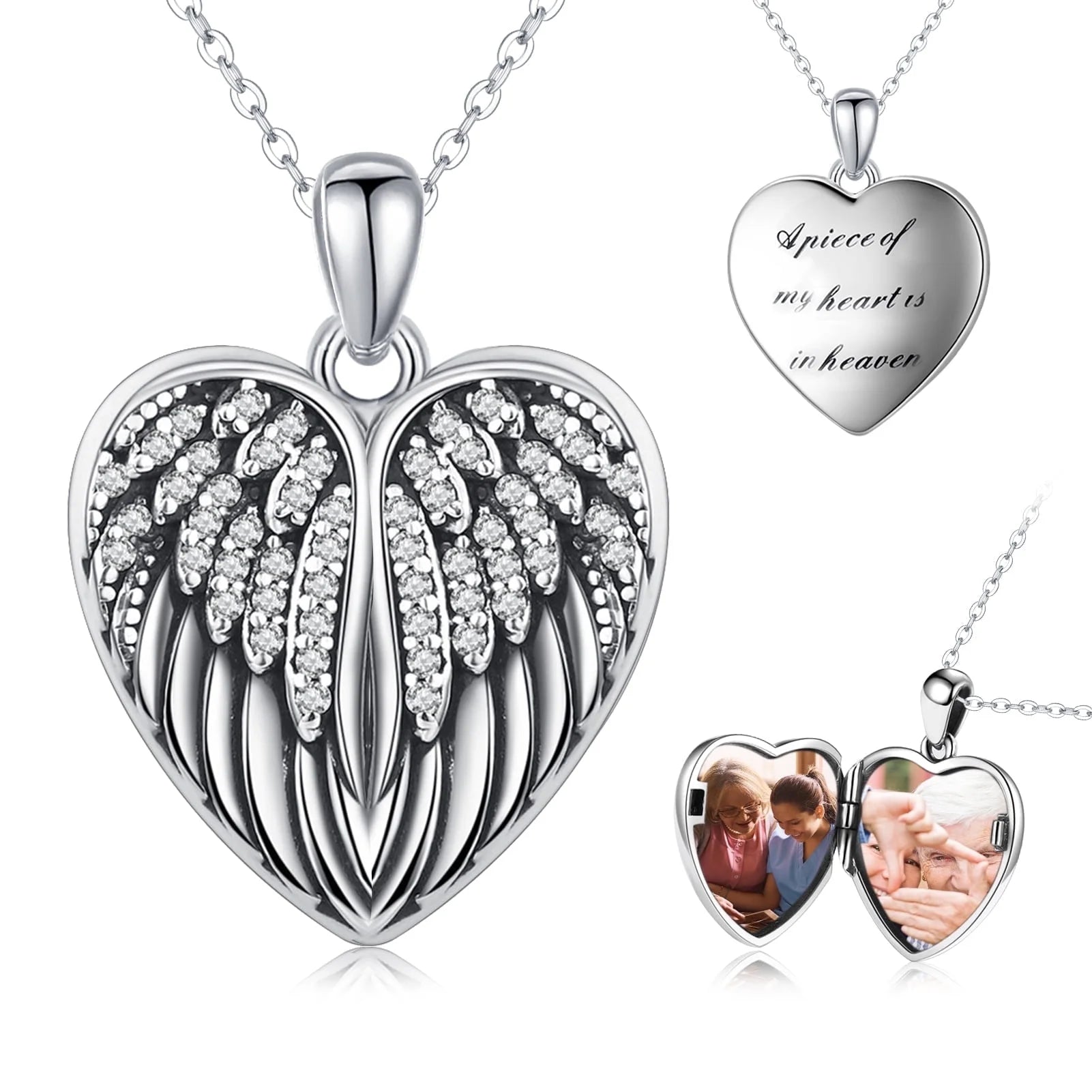 Angel Wings Heart Locket Necklace – 925 Sterling Silver Memorial Jewelry for Women