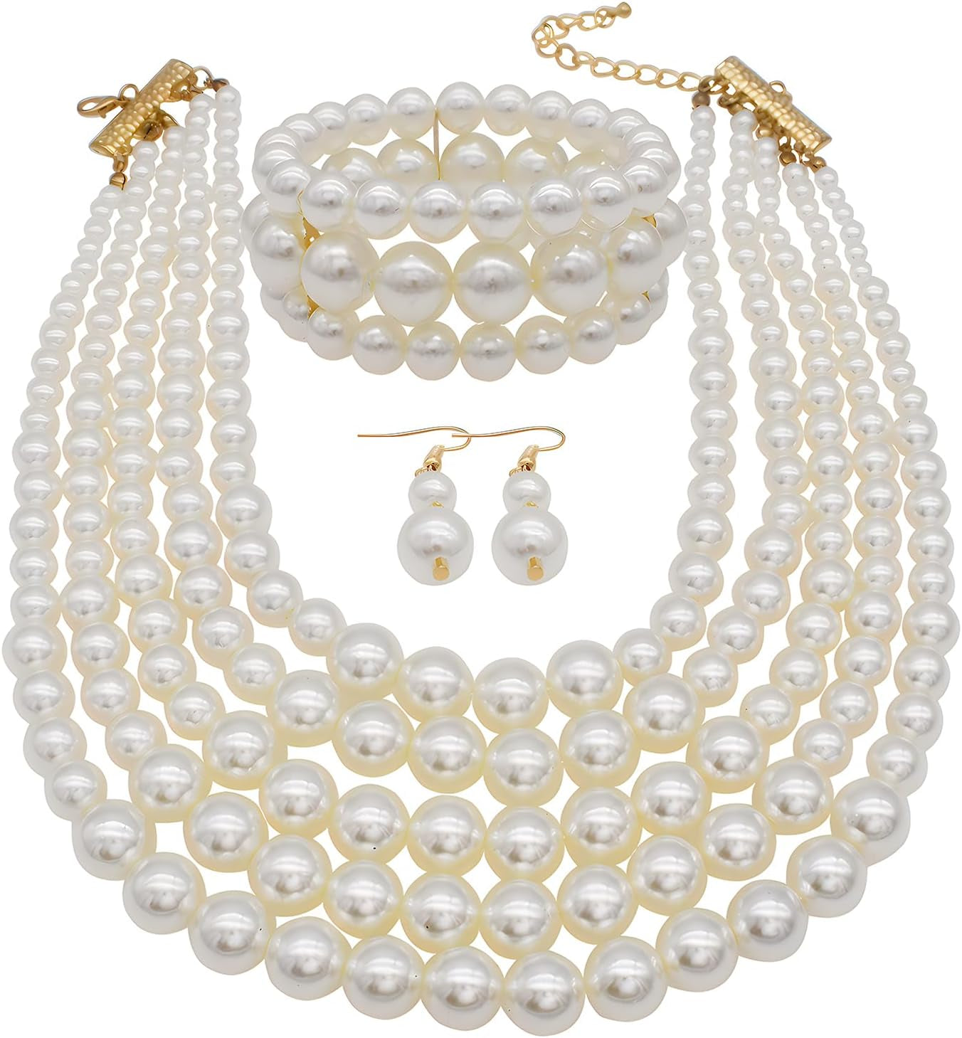 Large Multi-Strand Faux Pearl Necklace, Bracelet & Earrings Set – Elegant Costume Jewelry for Women