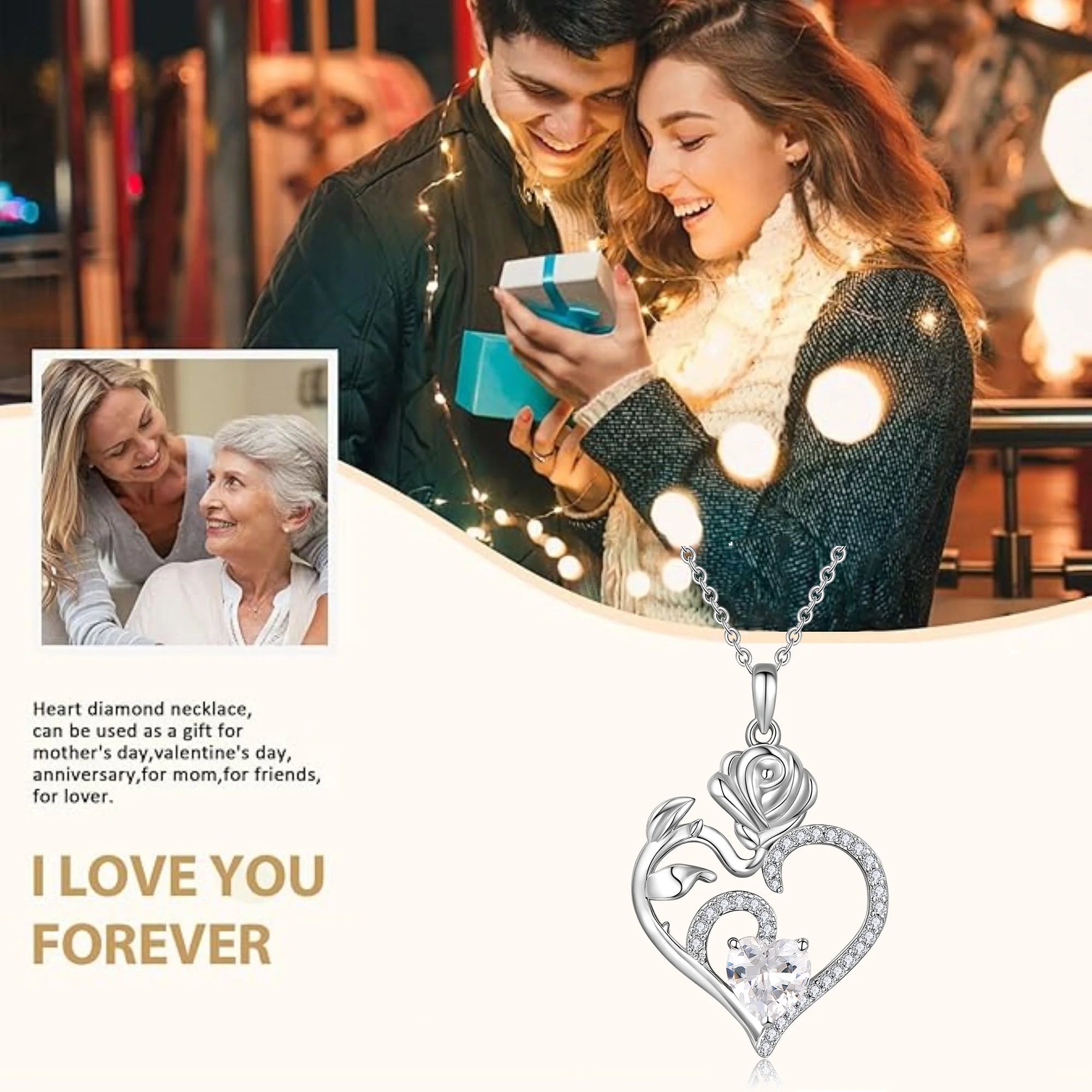 925 Sterling Silver Rose Flower Heart Birthstone Necklace – Love Pendant Jewelry for Women, Mom | Valentine&
