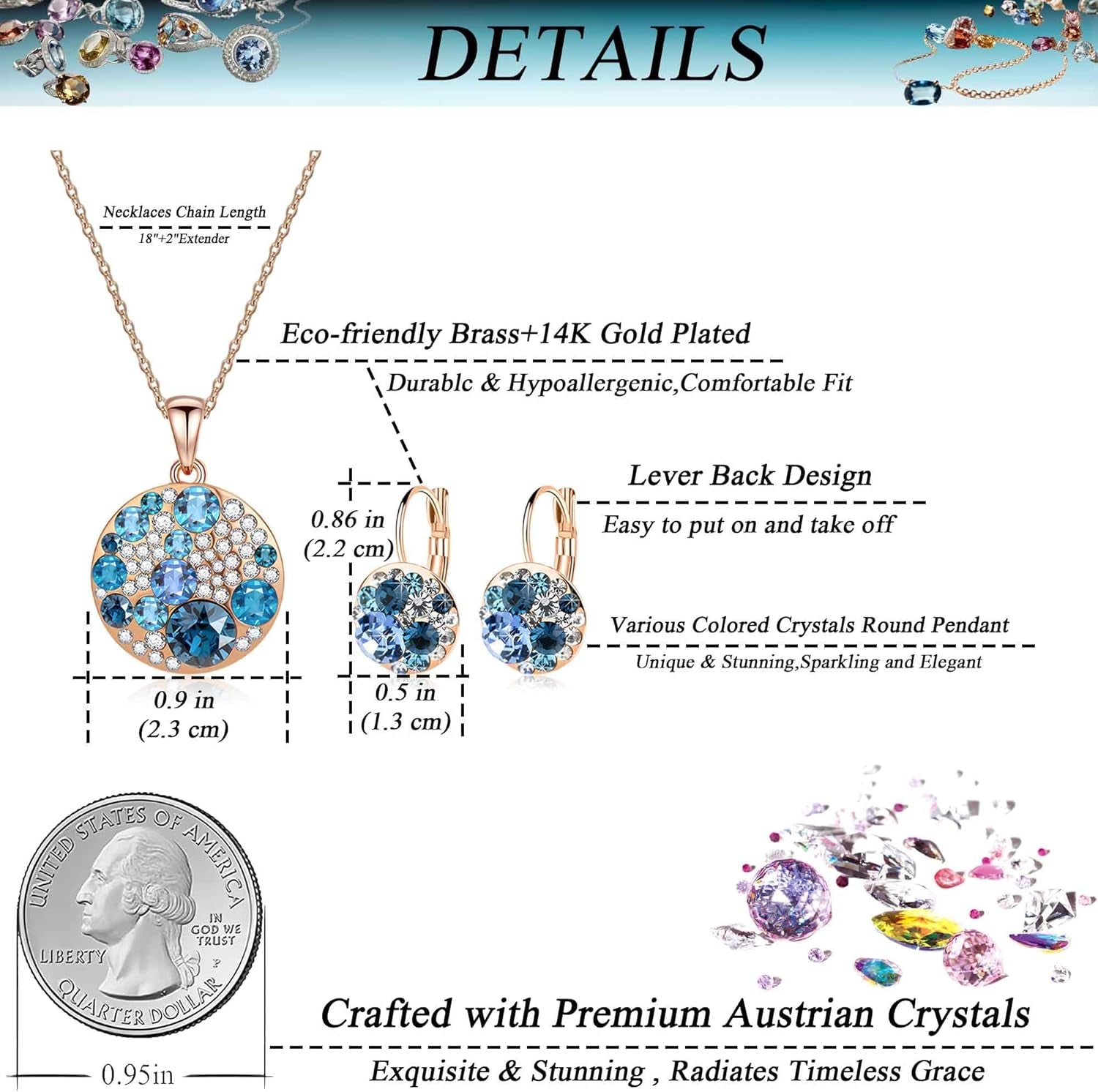 Austrian Crystal Round Disc Pendant Necklace & Earrings Set – 14K Gold Plated, Hypoallergenic Jewelry for Women