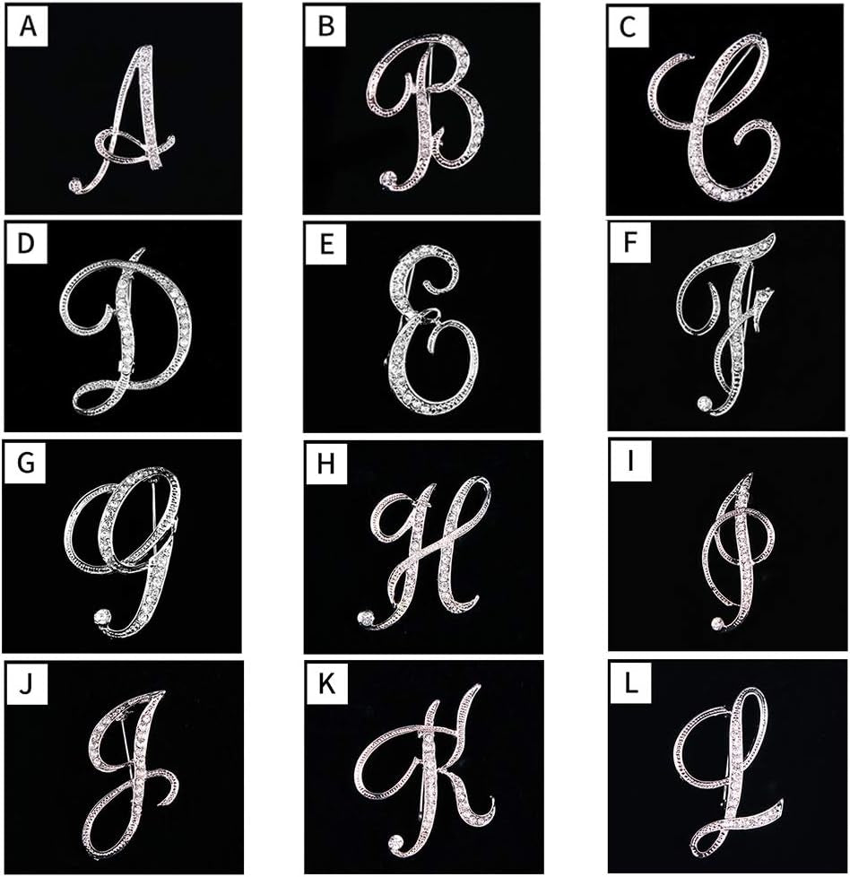 Rhinestone Initial Letter Brooch Pins – Silvery A-Z Sparkling Accessories for Women