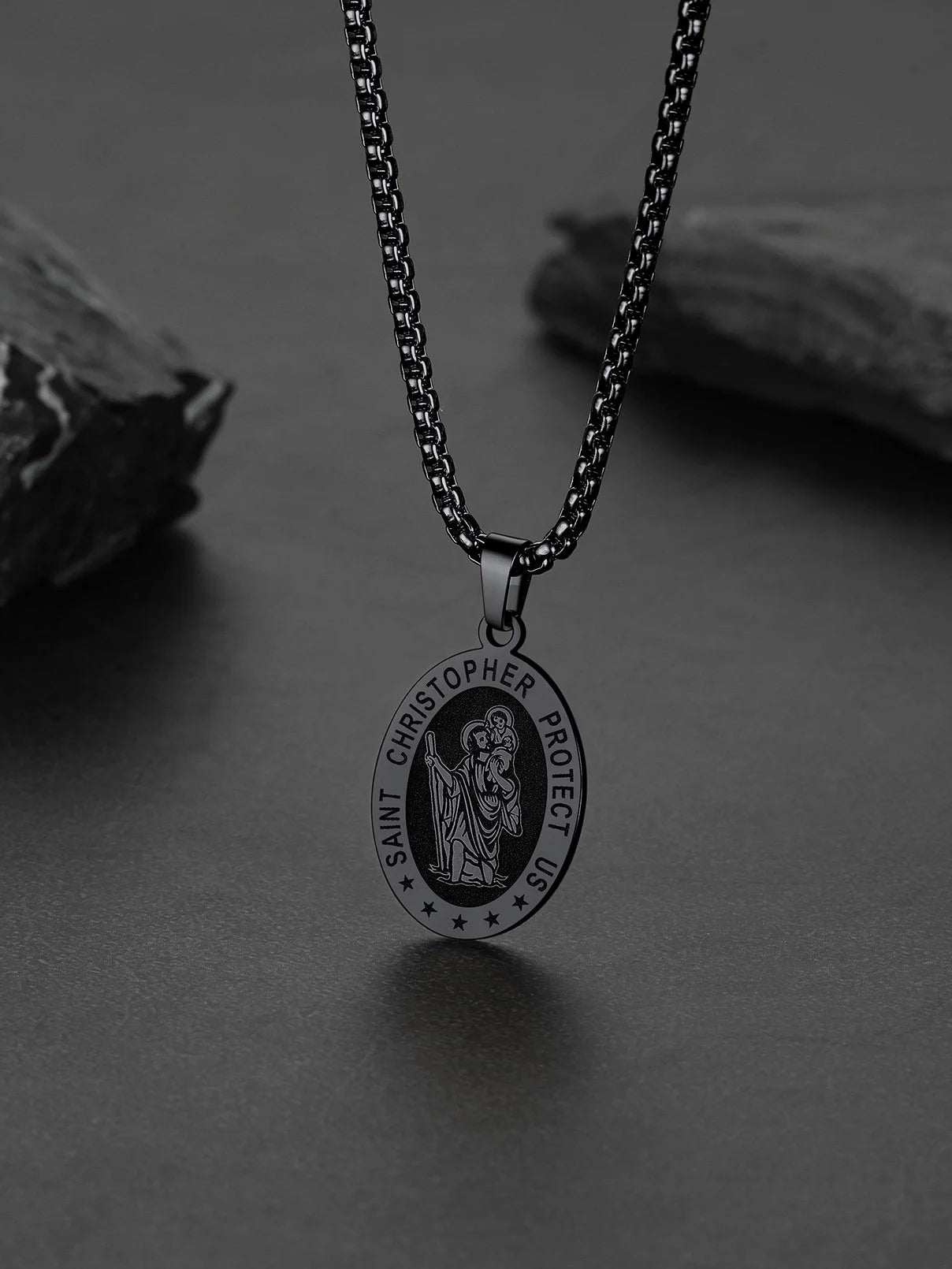 Saint/St. Christopher Pendant Necklace for Men Women Stainless Steel Catholic Christian Oval Medal Blessings Amulet Black Men Jewelry Gift for Dad Grandpa Fathers Day