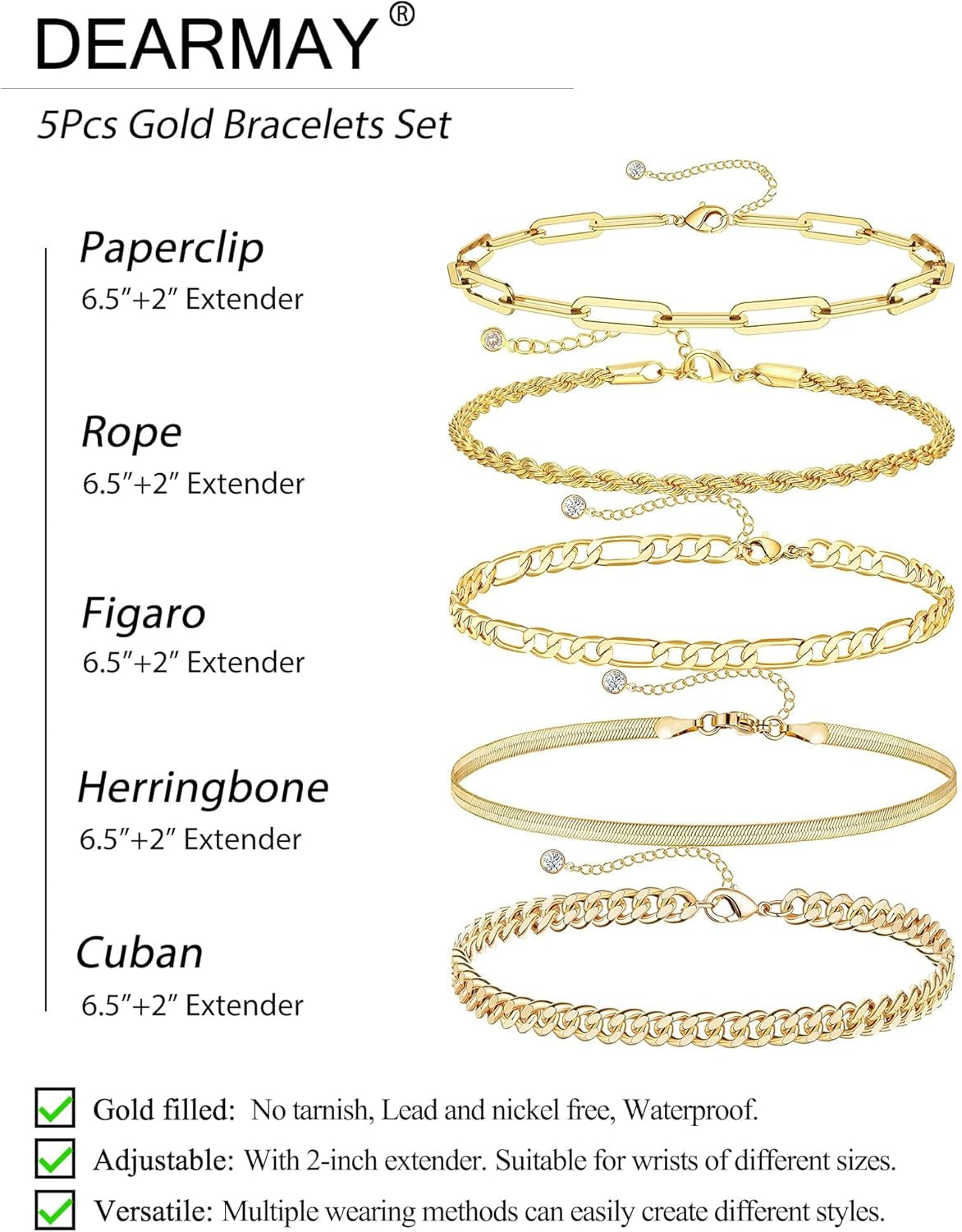 DEARMAY 14K Real Gold Waterproof Bracelets for Women – Elegant Jewelry Set