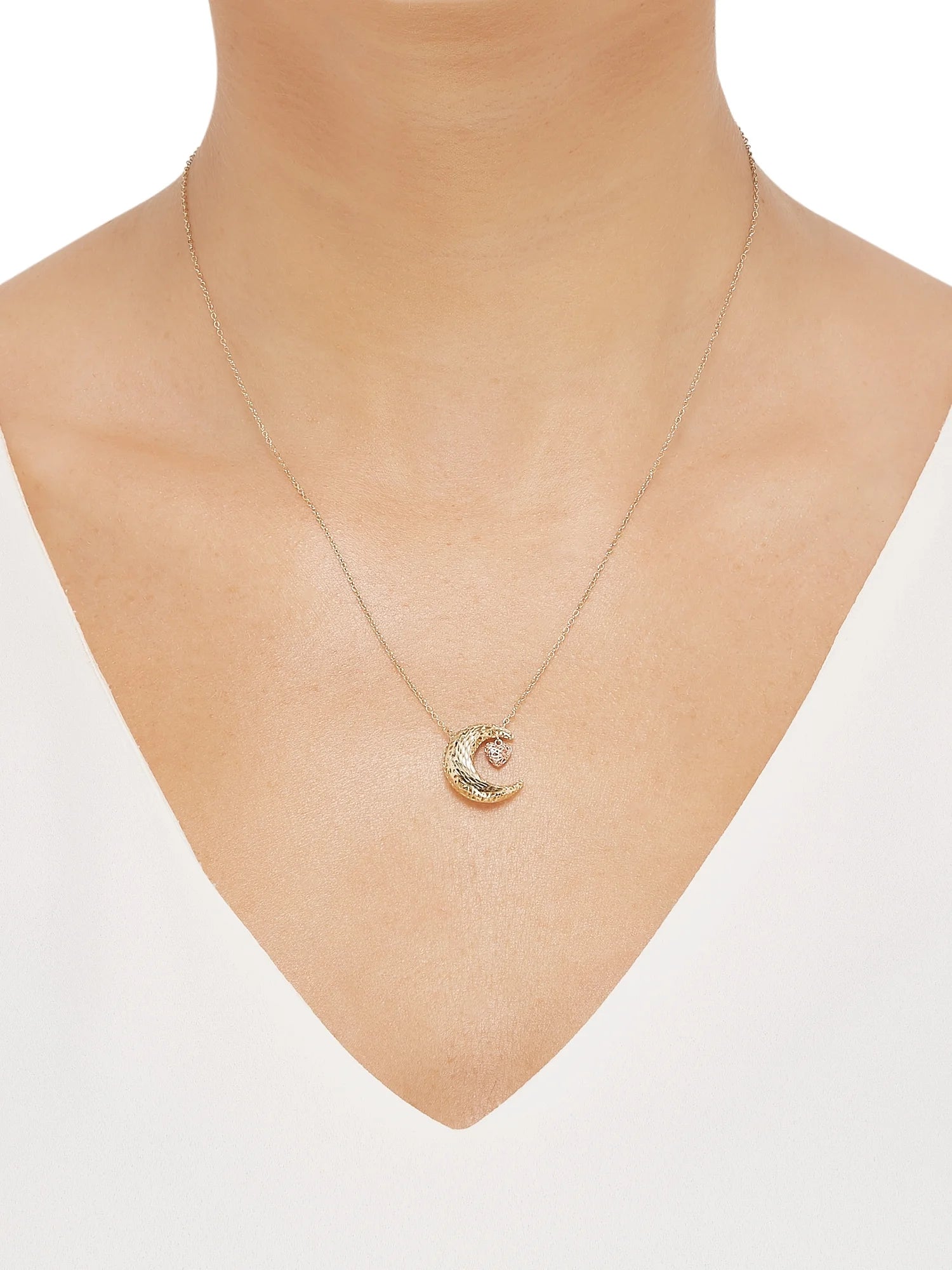 10K Yellow & Rose Gold Celestial Moon and Heart Necklace – 18" Puffed Pendant with Diamond-Cut Finish