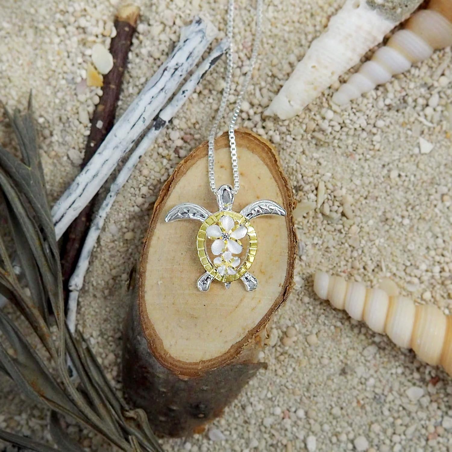 Sterling Silver Turtle & Plumeria Pendant Necklace – 16" + 2" Extender