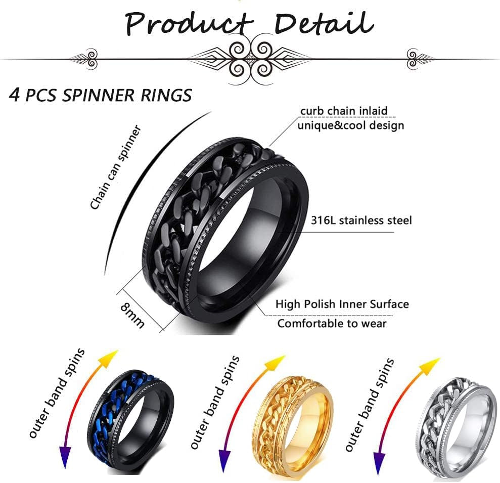 12Pcs 8mm Stainless Steel Fidget Spinner Rings Set – Anxiety Relief Chain Rings with Dragon Pattern for Men & Women (Sizes 7–11)