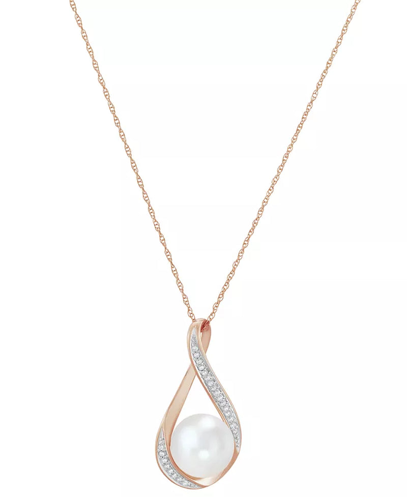 Cultured Freshwater Pearl (9mm) and Diamond Accent Pendant Necklace in 14K Gold – 18"