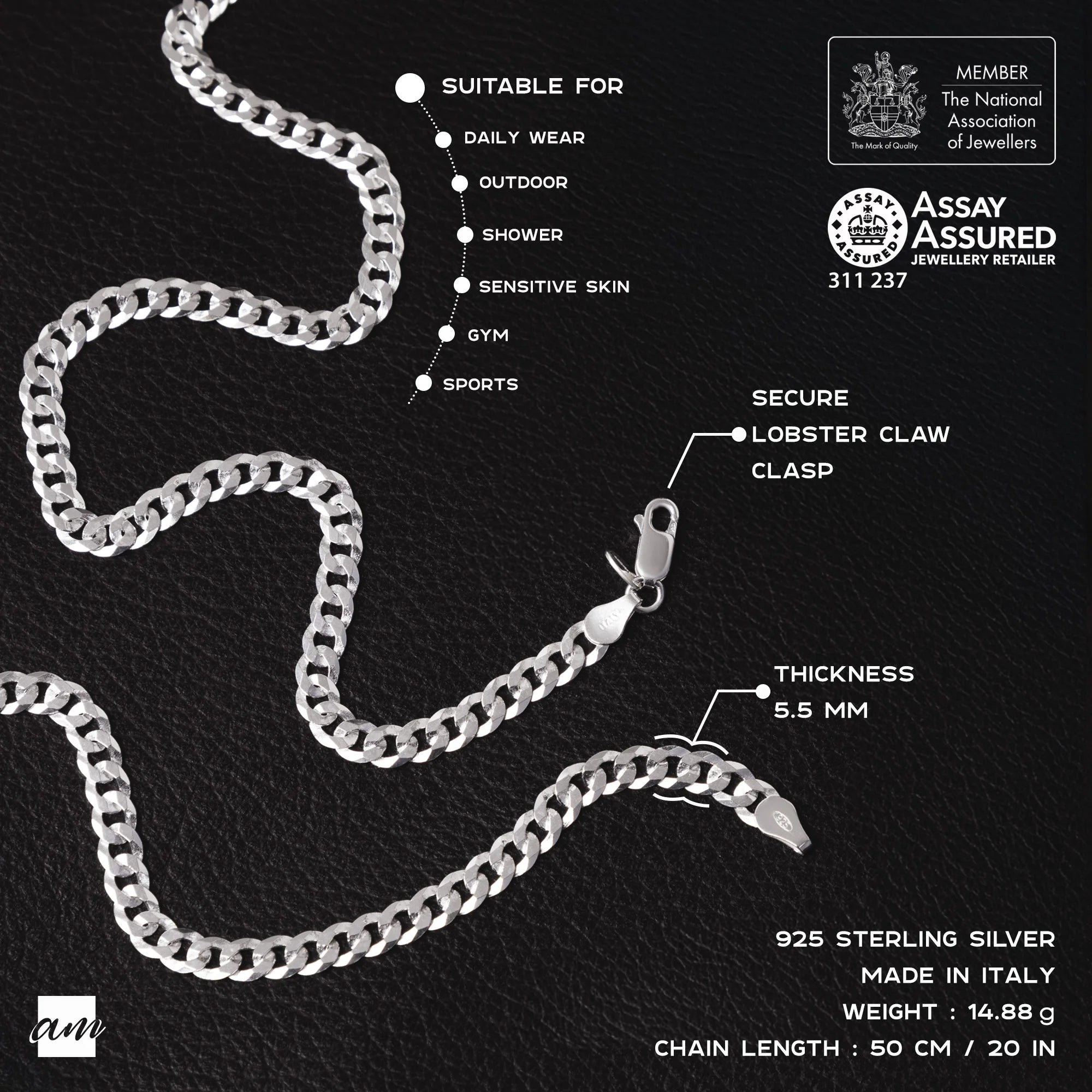 Solid 925 Sterling Silver Men’s Cuban Chain Necklace – Italian Miami Curb Link, 20-Inch, 5mm