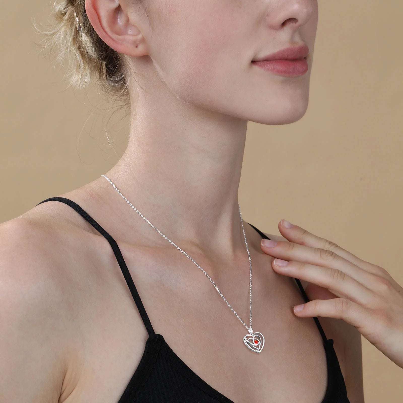 18K White Gold Plated Love Heart Necklace with Red Garnet Pendant – S925 Sterling Silver Birthstone Jewelry for Women