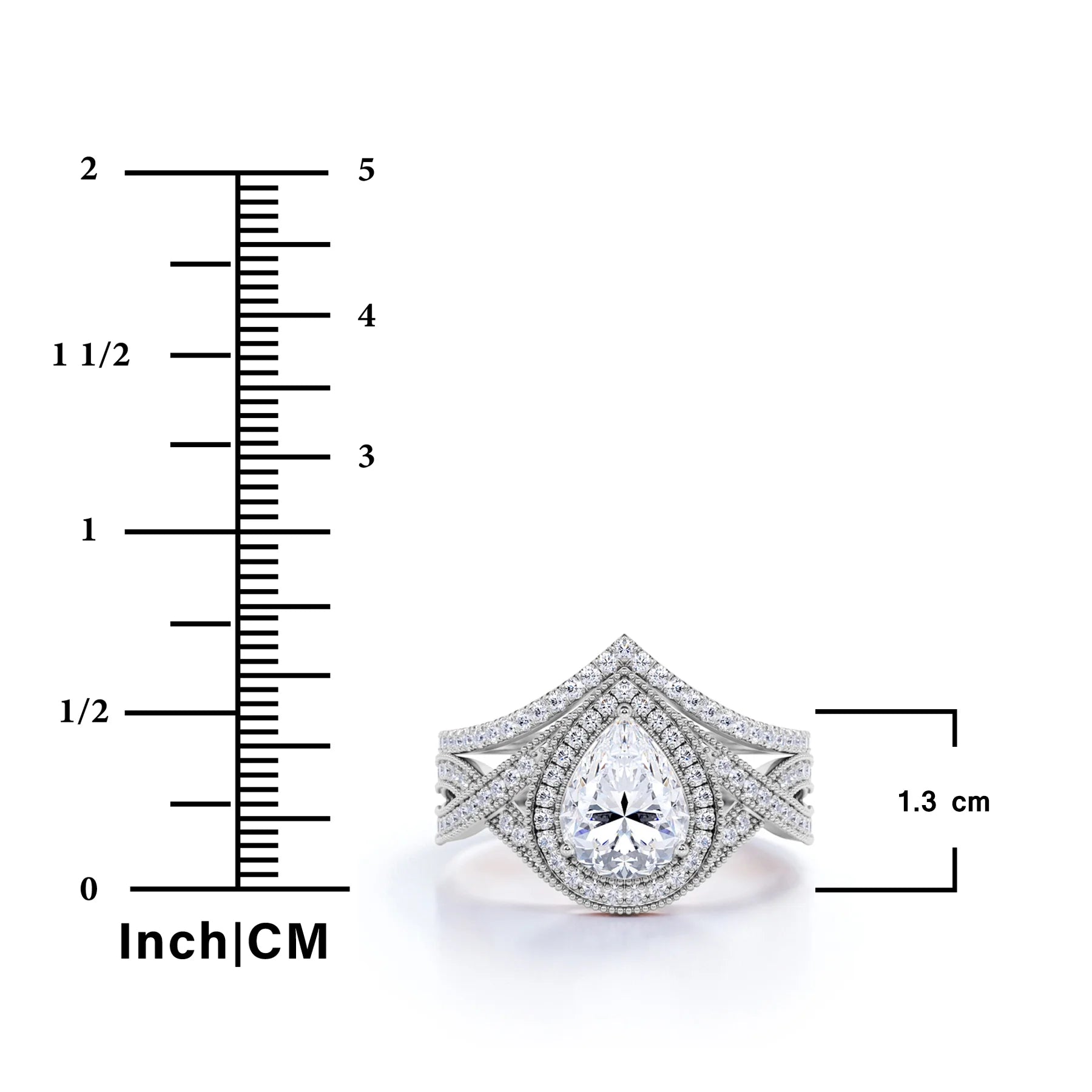 1.5 Carat Pear Cut Moissanite Wedding Set – Art Deco Halo Bridal Ring in 18K Yellow Gold over Silver