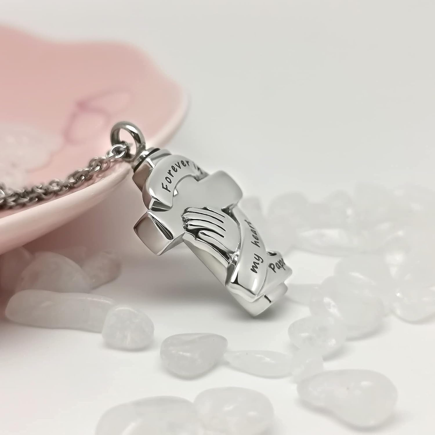 🙏 "Forever in My Heart" Praying Hands Urn Necklace – Memorial Ashes Keepsake Pendant