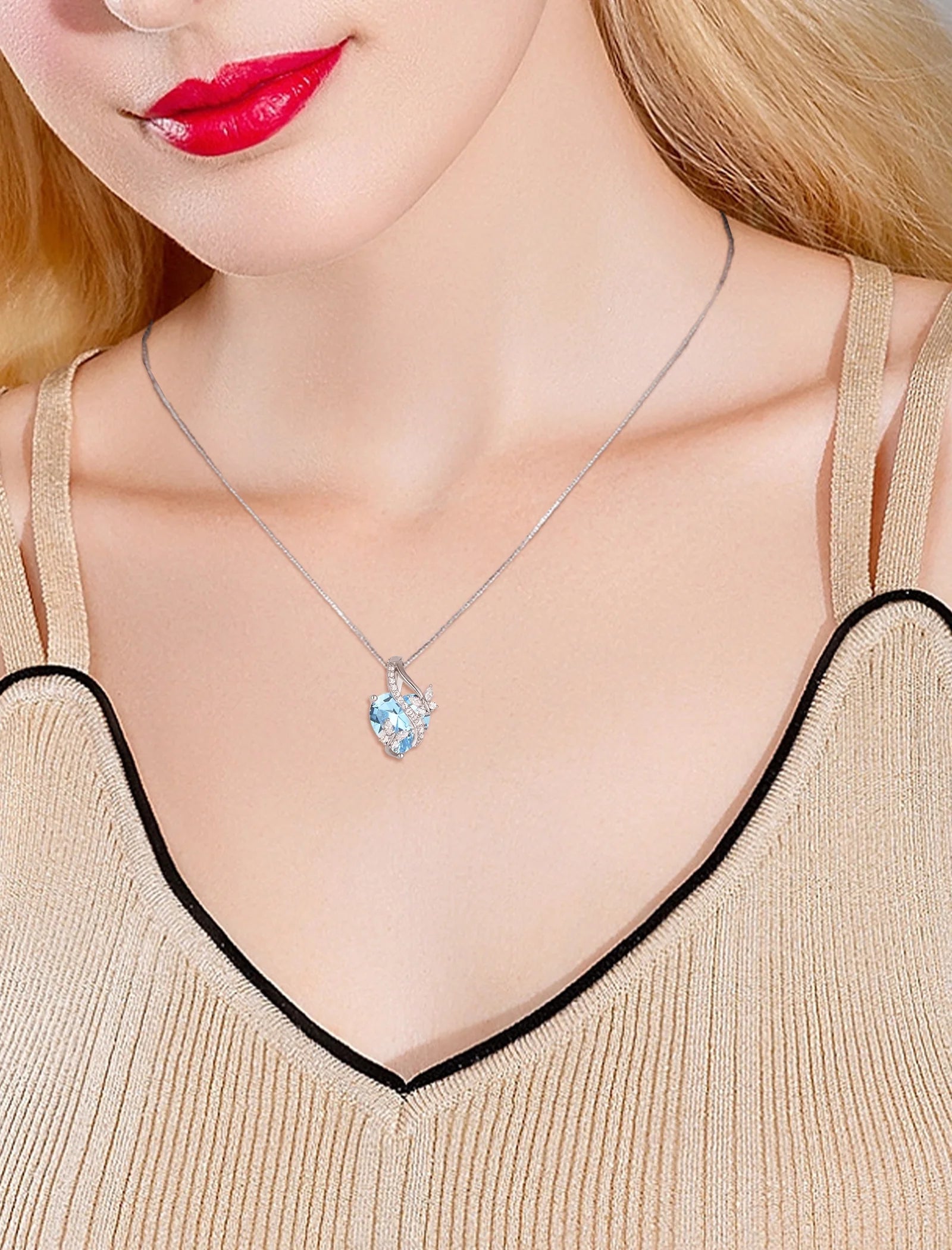 Infinite Heart Pendant Sterling Silver Butterfly Necklace – Women’s Birthstone Jewelry Gift with March Created Aquamarine