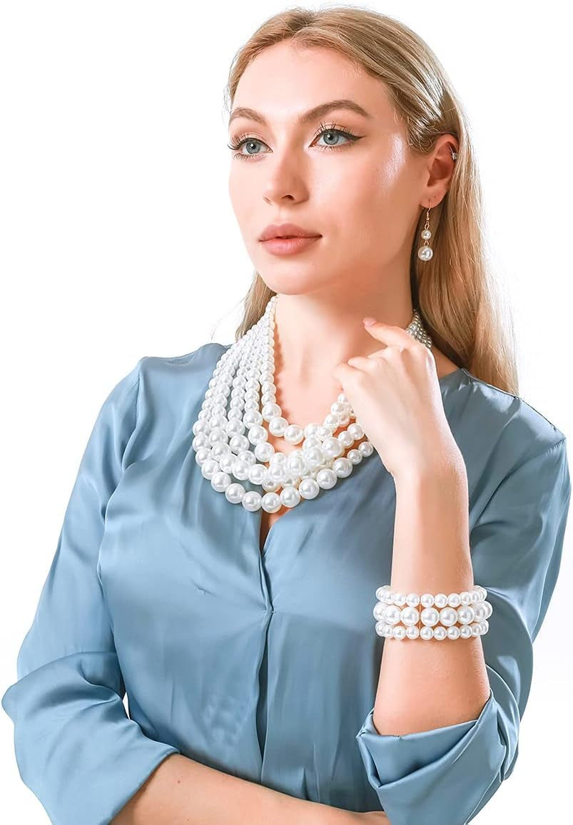 Large Multi-Strand Faux Pearl Necklace, Bracelet & Earrings Set – Elegant Costume Jewelry for Women