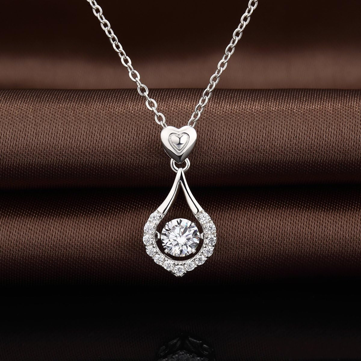 18K White Gold Plated Sterling Silver Pendant Necklace – 5A+ Shaking CZ Diamond, 18" Chain for Women