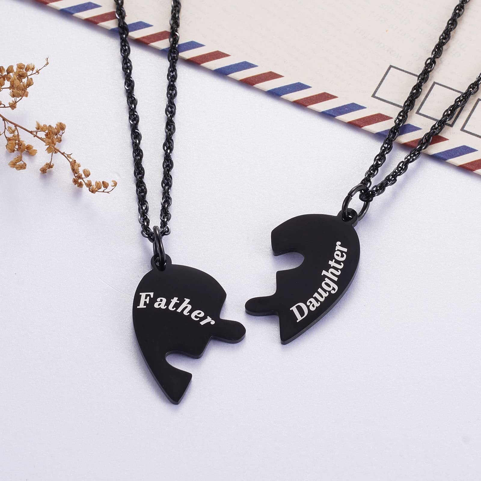 💞 Father and Daughter Heart Matching Necklace Set for 2 – Stainless Steel Pendant Necklace | Daughter to Dad Gift