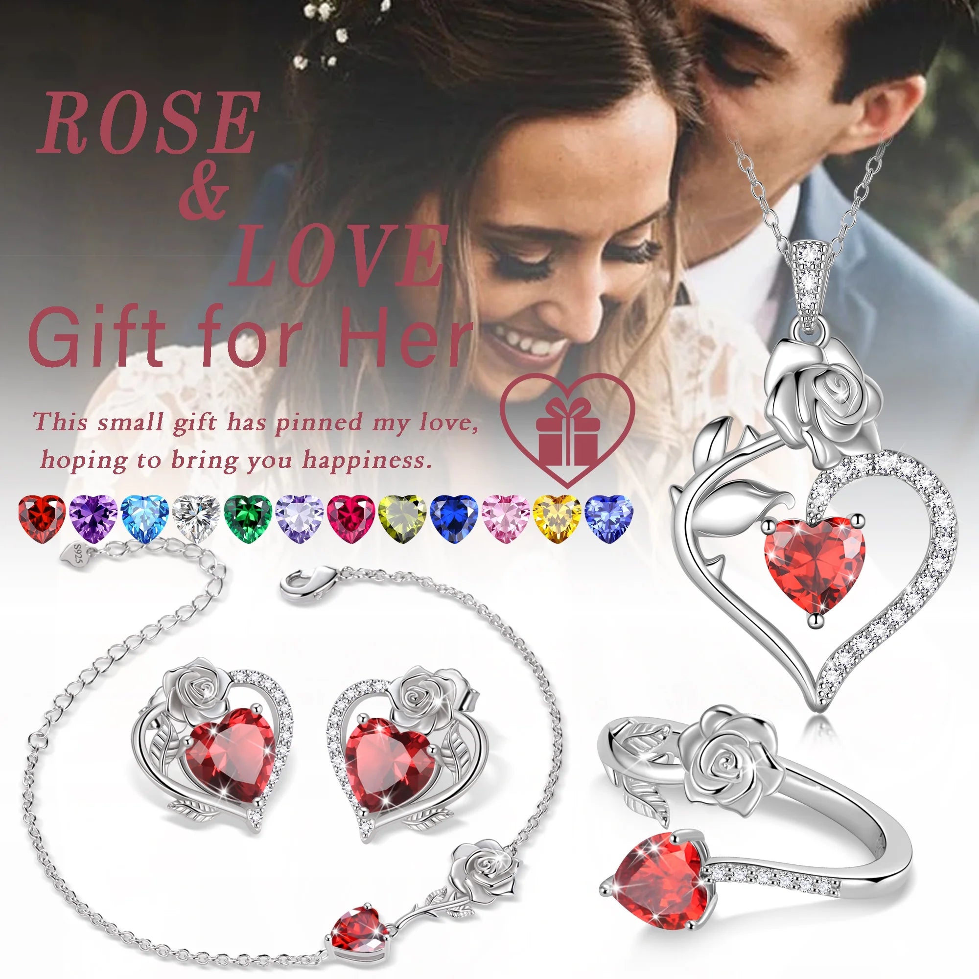 Rose Heart Jewelry Set – May Birthstone Rose Flower Necklace, Earrings, Ring & Bracelet in 925 Sterling Silver | Gift for Women, Mom