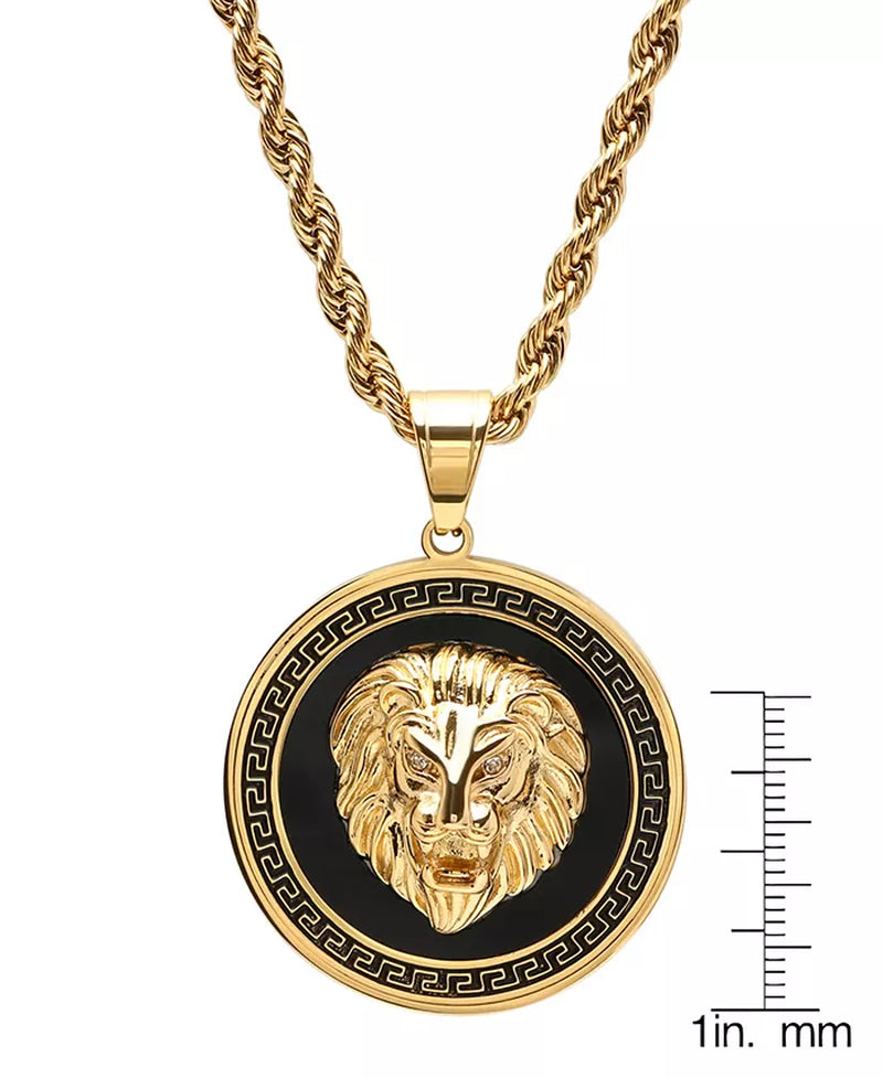 Men’s Two-Tone Stainless Steel Lion Head Pendant Necklace – Simulated Diamond, Greek Key Mount, 24-Inch Chain