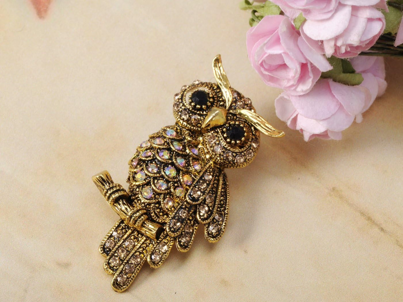 Antique Multicolored Crystal Rhinestone Owl Brooch