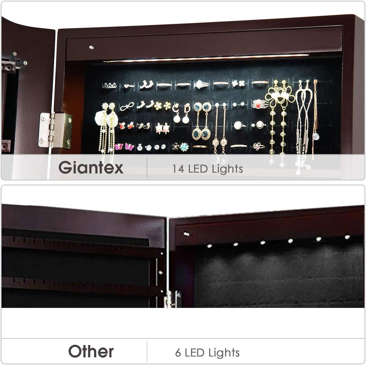 Lockable Jewelry Cabinet Armoire with Full-Length Mirror, LED Lights & Storage Drawers – Floor Standing Organizer (Brown)