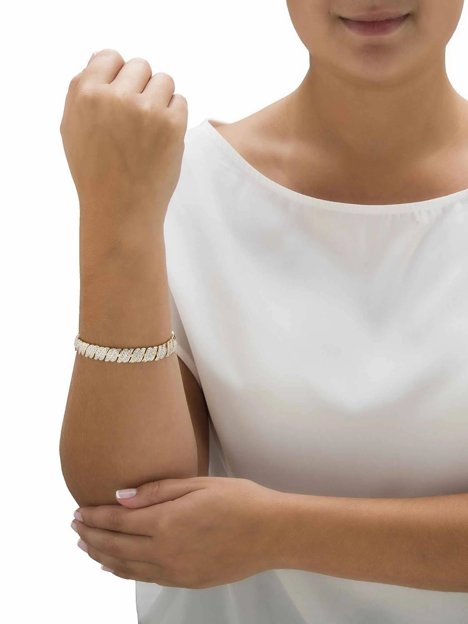 Diamond Accent Two-Tone Pave-Style S-Link Tennis Bracelet – Gold-Plated, 7" or 8" Length Options