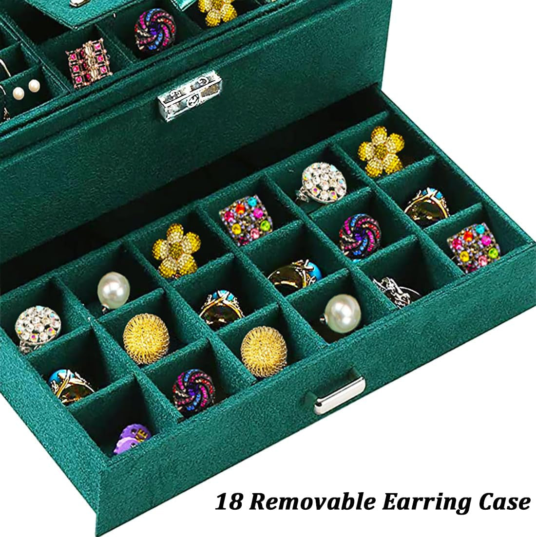 Green Velvet Jewelry Box for Women – Lockable Organizer for Necklaces, Earrings, Rings & Bracelets – Elegant Teen Jewelry Storage Case