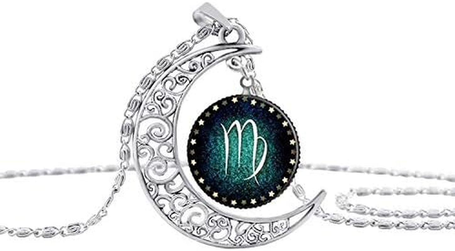 Zodiac Constellation Crescent Necklace – Luminous Gemstone Pendant on Long Sweater Chain
