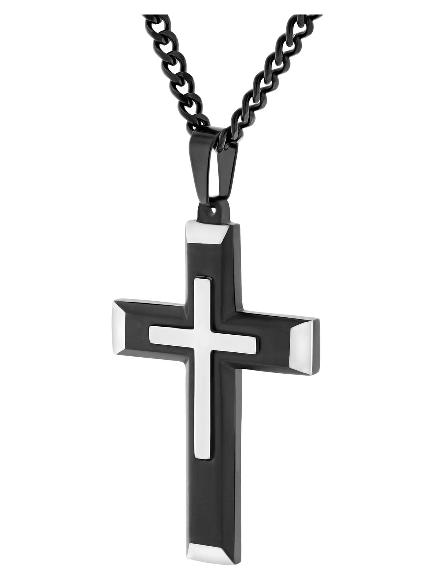 Men’s Two-Tone Stainless Steel Cross Pendant Necklace – Stacked Design with Chain