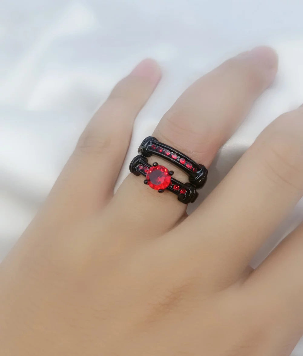 Matching Couple Rings Black Gold Plated 1CT Red CZ Wedding Ring Set – Titanium Men’s Band & Women’s Ring