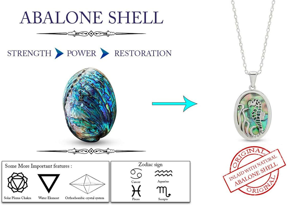 14K White Gold Over Sterling Silver Abalone Shell Animal Pendant Necklaces – Seahorse Jewelry Gift for Her