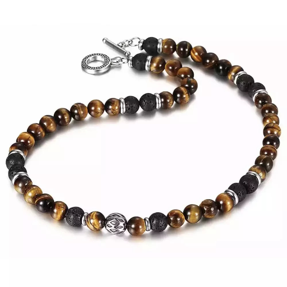 Men’s 8mm Natural Tiger Eye Lava Bead Necklace – Stainless Steel Toggle Clasp, 18/20/24"