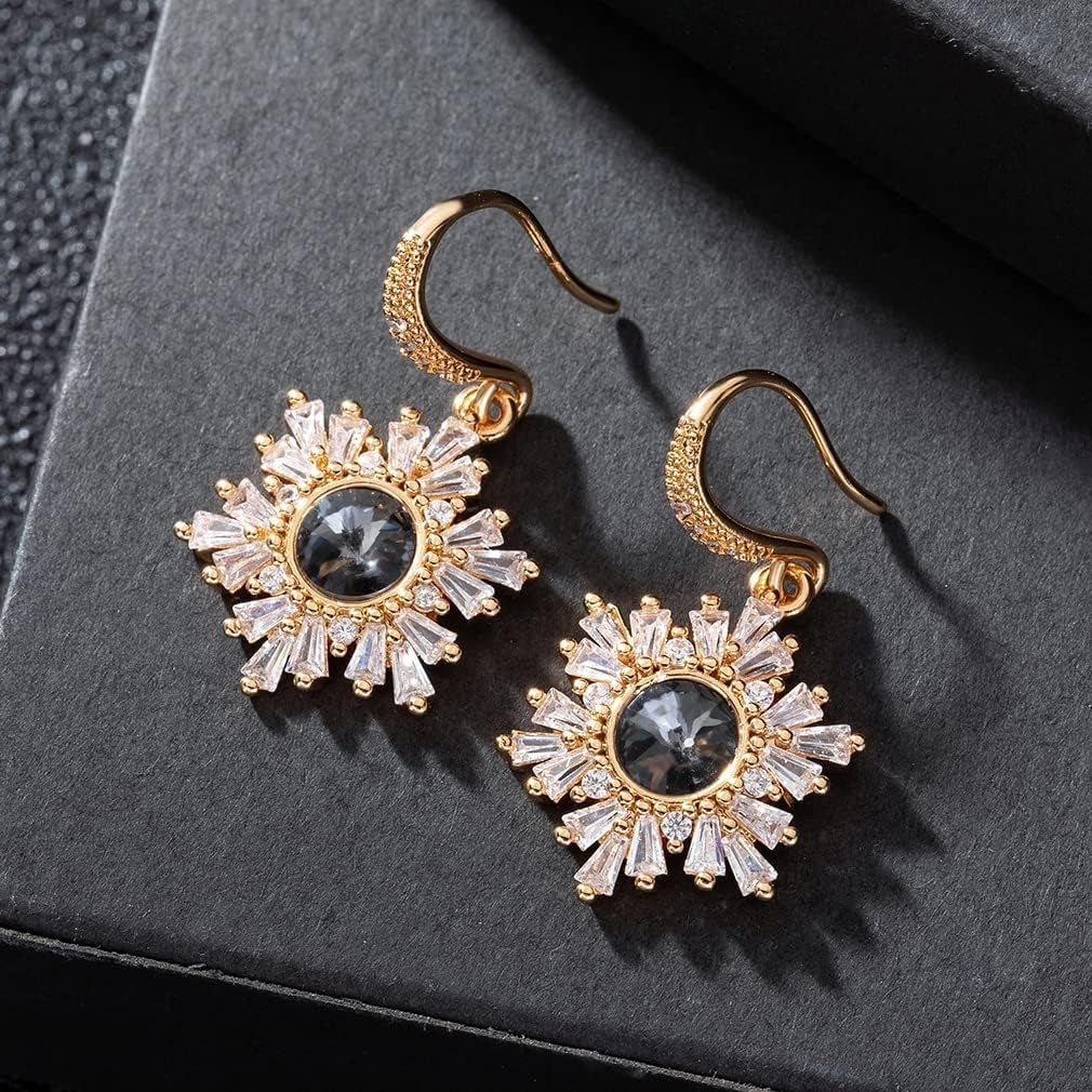 Austrian Crystal Flower Drop Dangle Earrings – 14K Gold Plated, Hypoallergenic, Christmas Jewelry for Women