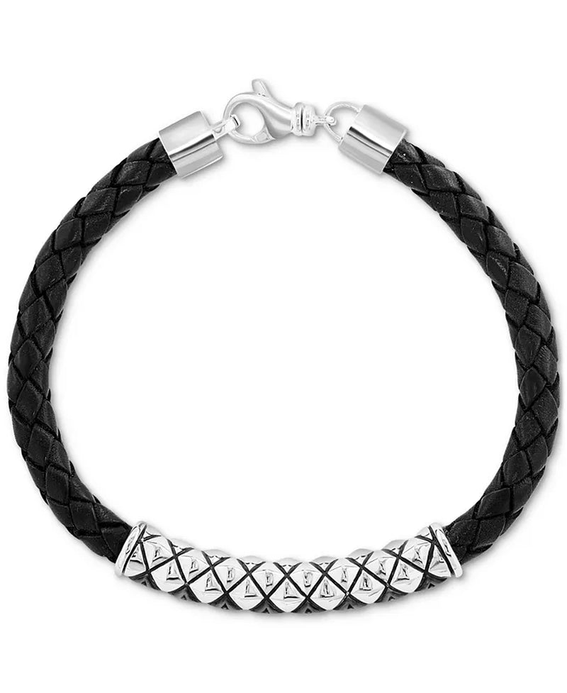 EFFY® Men’s Black Spinel Woven Black Leather Bracelet (1/6 Ct. T.W.) in Sterling Silver