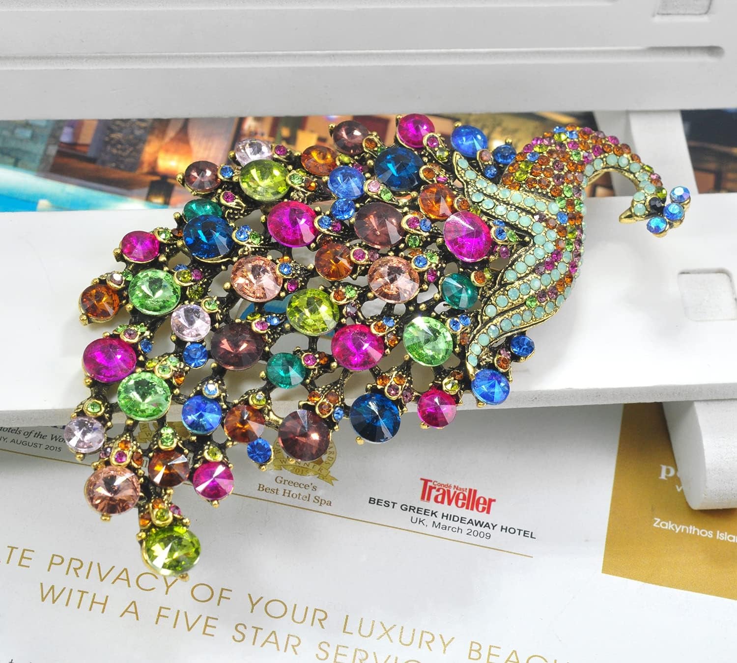 Vitage Style Crystal Large Peacock Feather Pin Brooch