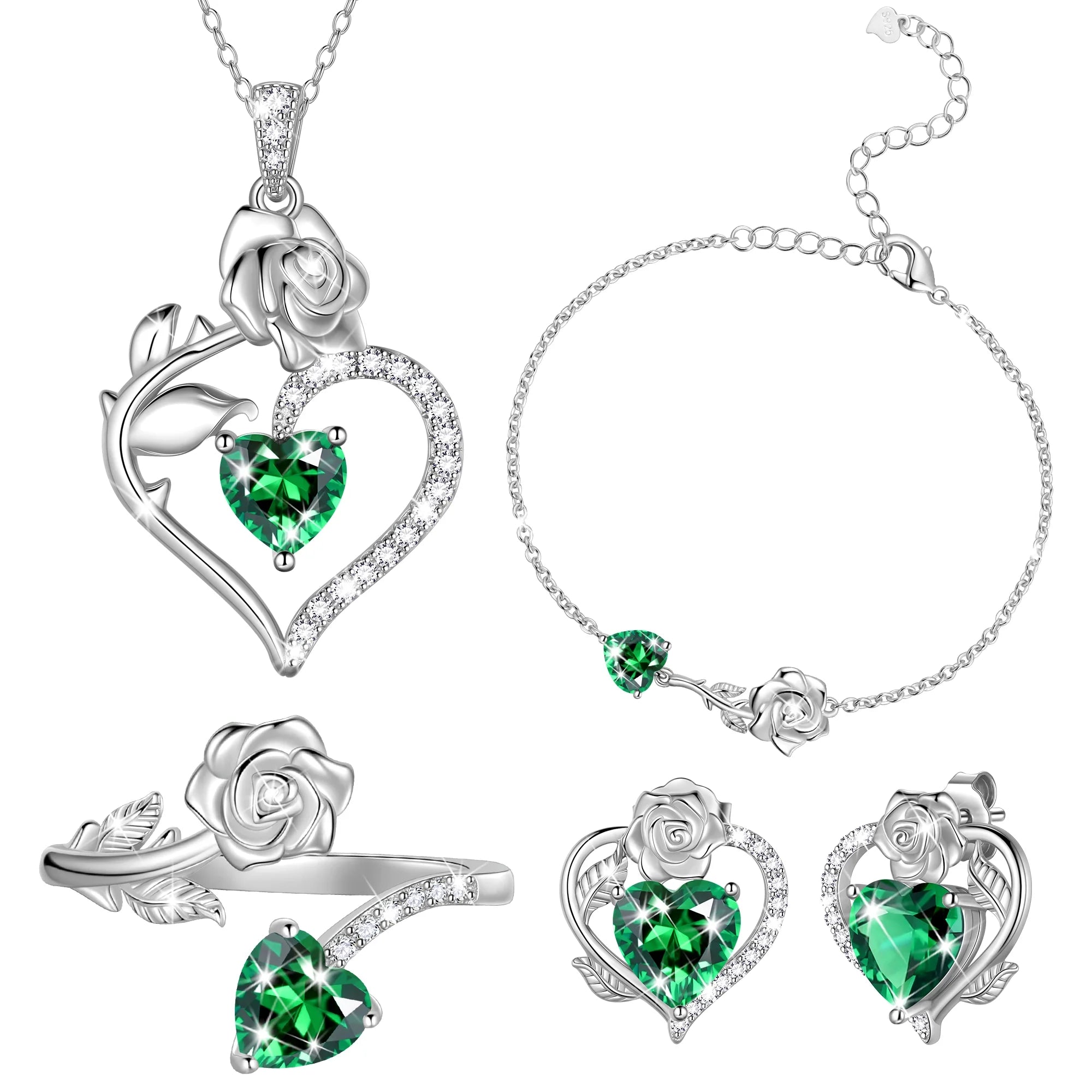Rose Heart Jewelry Set – May Birthstone Rose Flower Necklace, Earrings, Ring & Bracelet in 925 Sterling Silver | Gift for Women, Mom