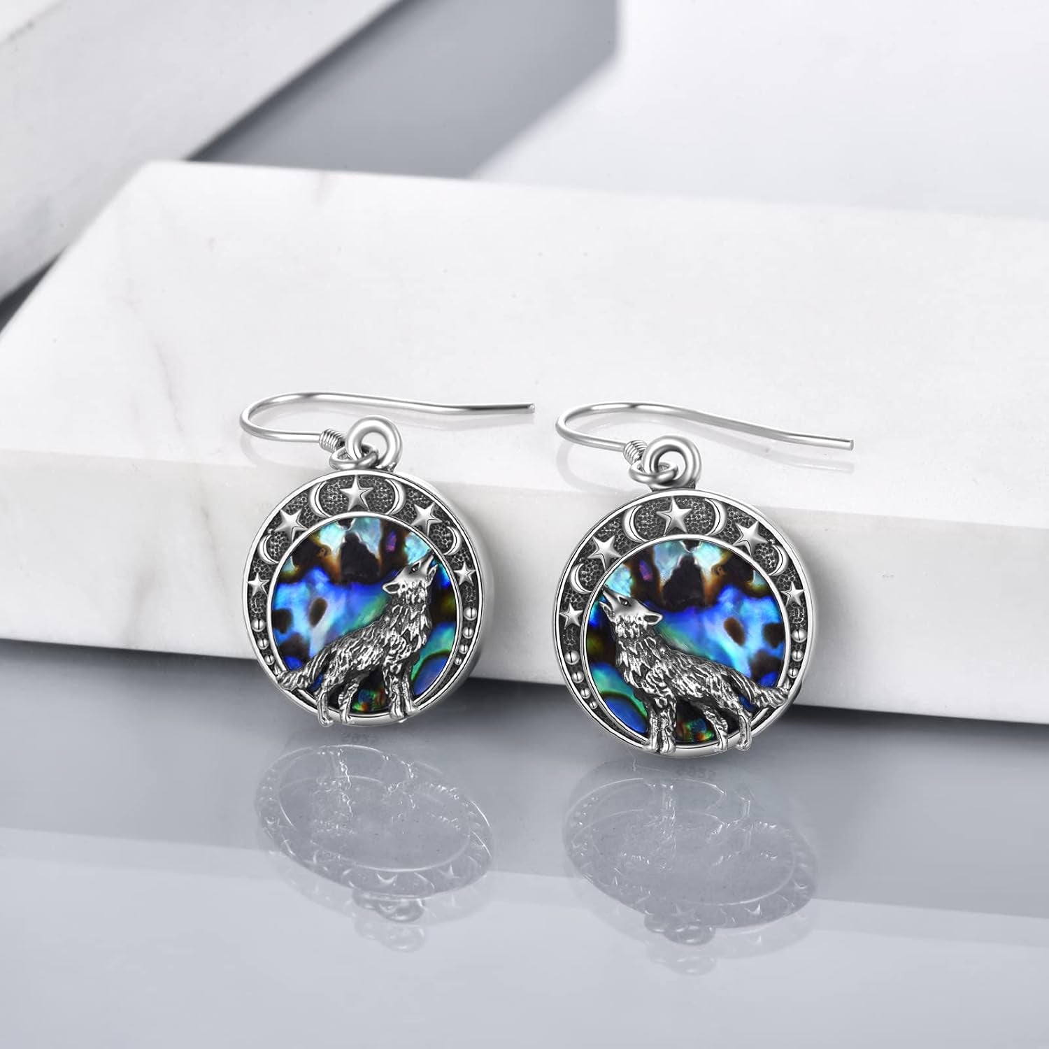 Sterling Silver Wolf Moon Star Dangle Earrings – Jewelry Gift for Women, Christmas & Special Occasions