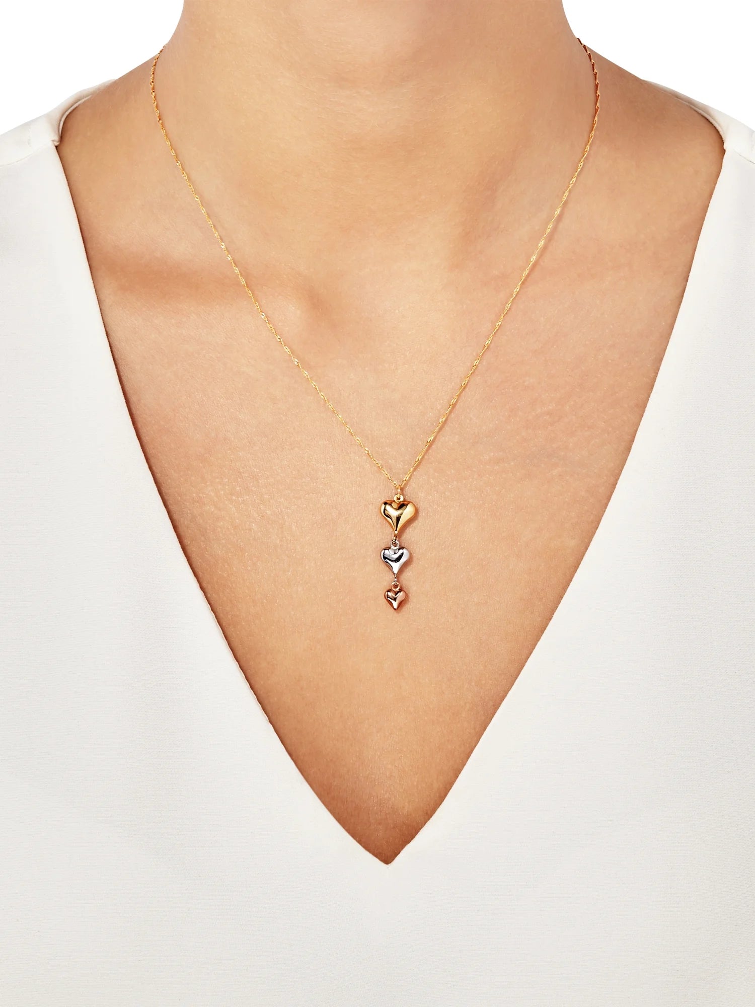 10K Yellow, White & Pink Gold Puffed Heart Necklace – 18"