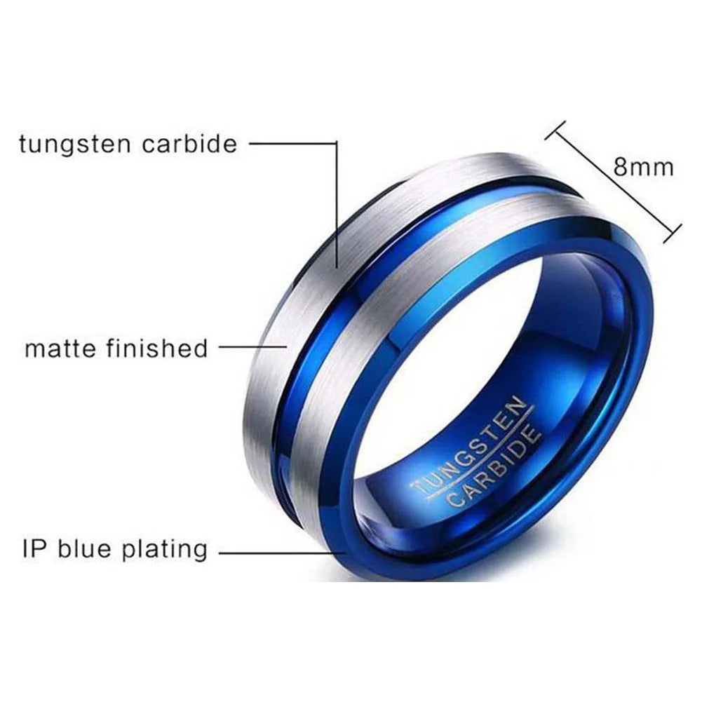 2 Matching Rings Set – White Gold Plated Heart-Shaped CZ Women’s Wedding Rings & Blue Plated Tungsten Men’s Band