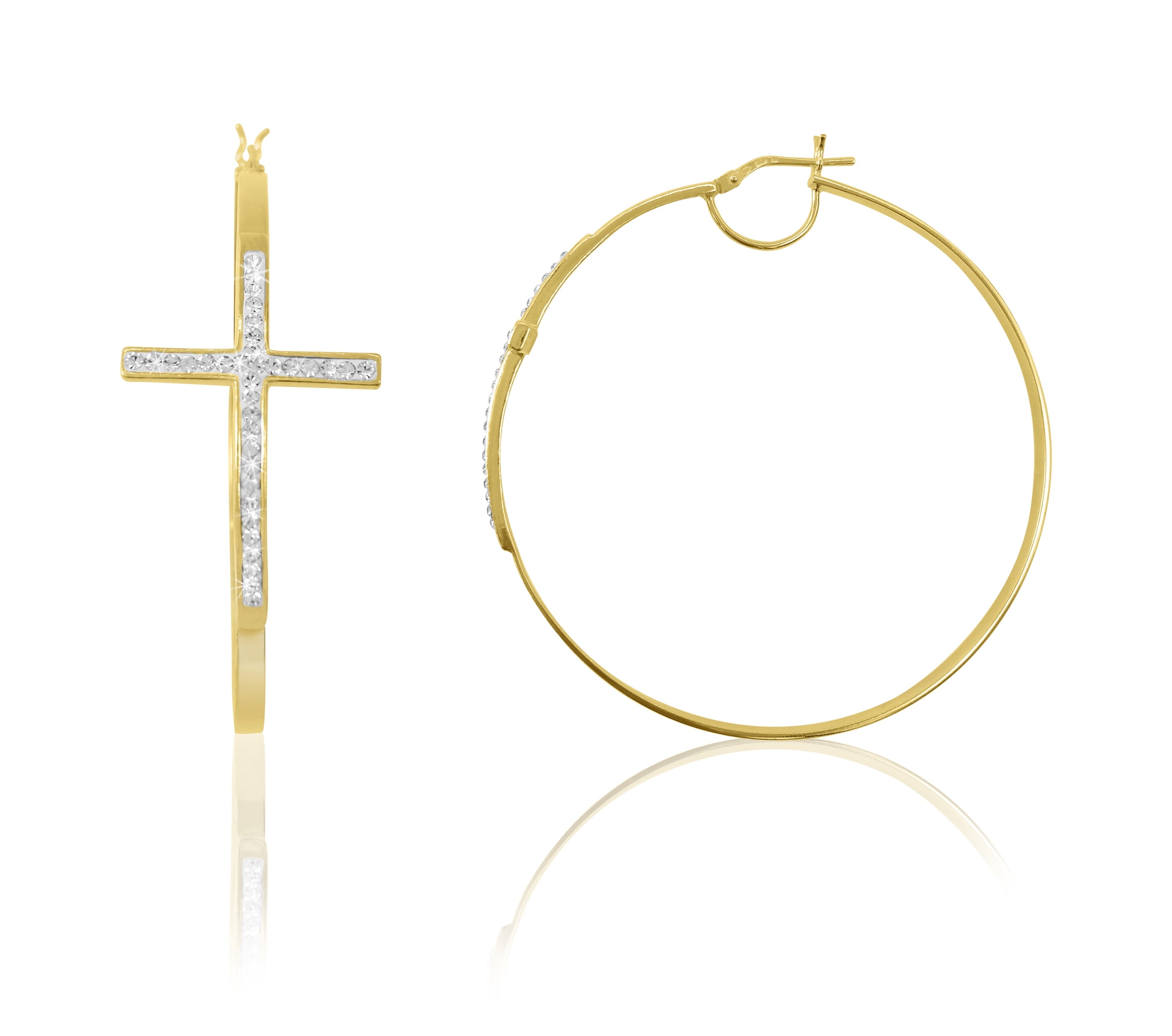 Women’s 14K Gold Plated Sterling Silver Crystal Cross Round Hoop Earrings – Adult Fashion Jewelry