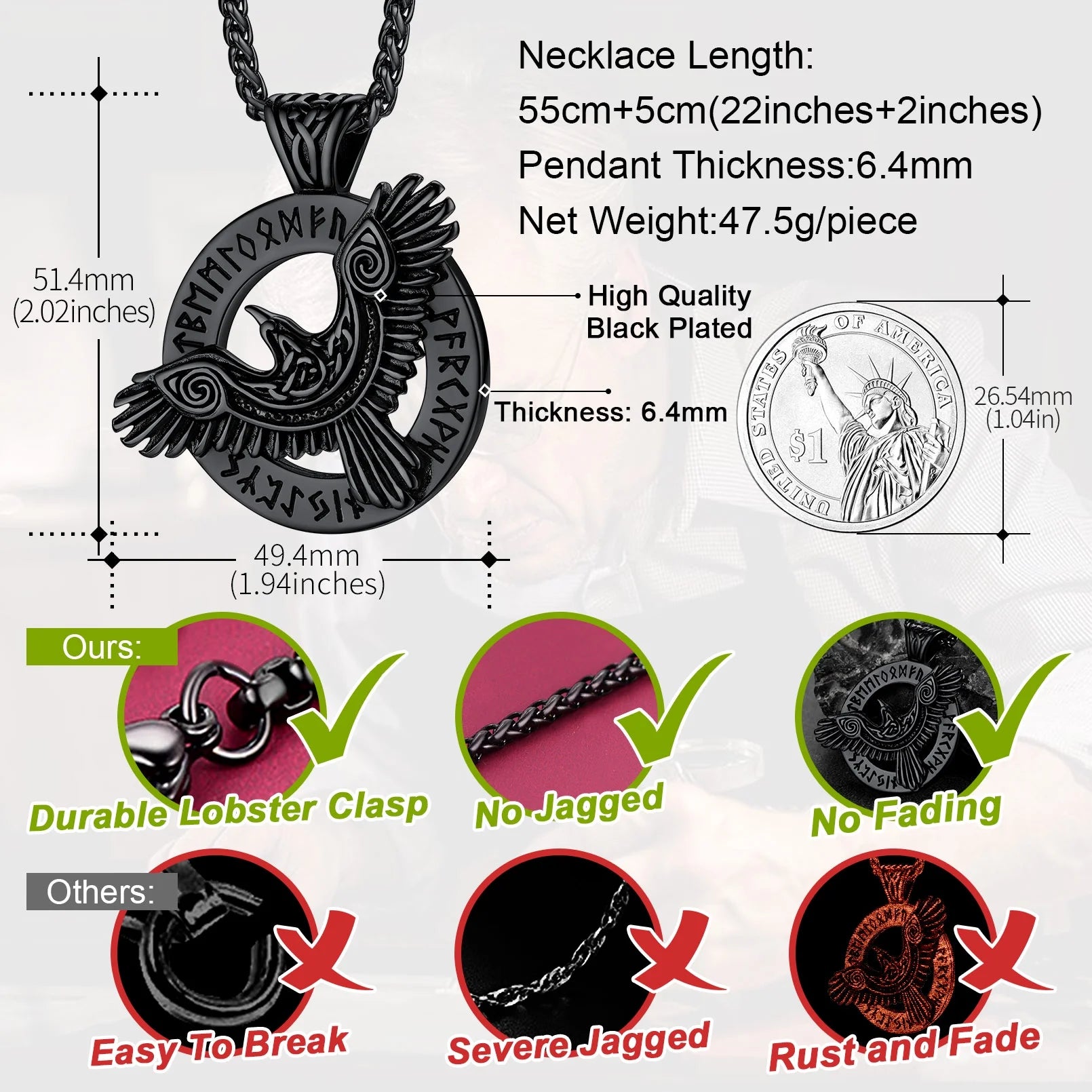 π‘οΈ Viking Raven Necklace for Men β Black Stainless Steel Norse Rune Pendant | Retro Crow Amulet Jewelry Gift for Friends, Sons, Grandsons, or Birthdays