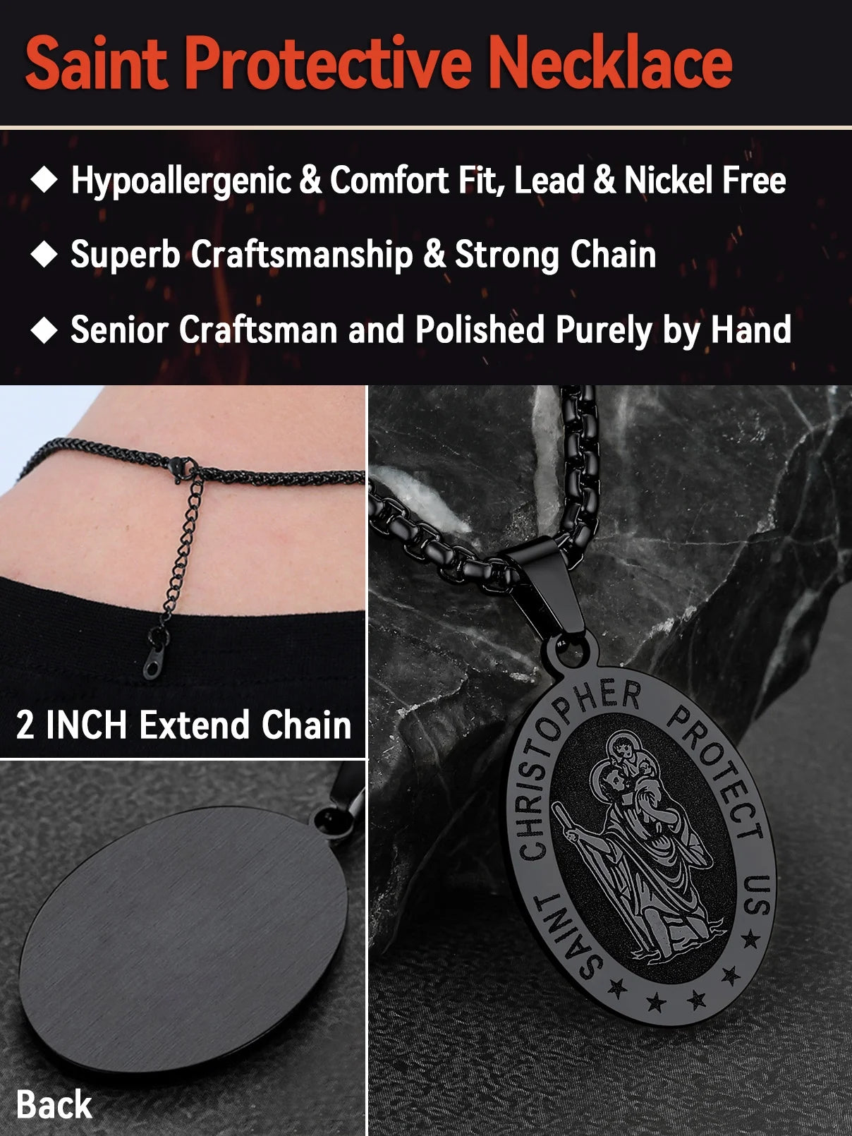 Saint/St. Christopher Pendant Necklace for Men Women Stainless Steel Catholic Christian Oval Medal Blessings Amulet Black Men Jewelry Gift for Dad Grandpa Fathers Day
