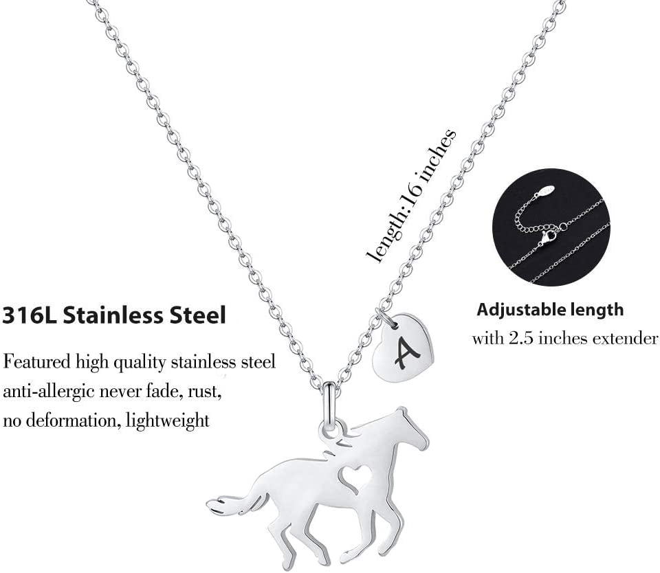 Horse Necklace for Girls – Dainty Heart Pendant with 26 Initials | Personalized Jewelry for Women, Kids & Horse Lovers