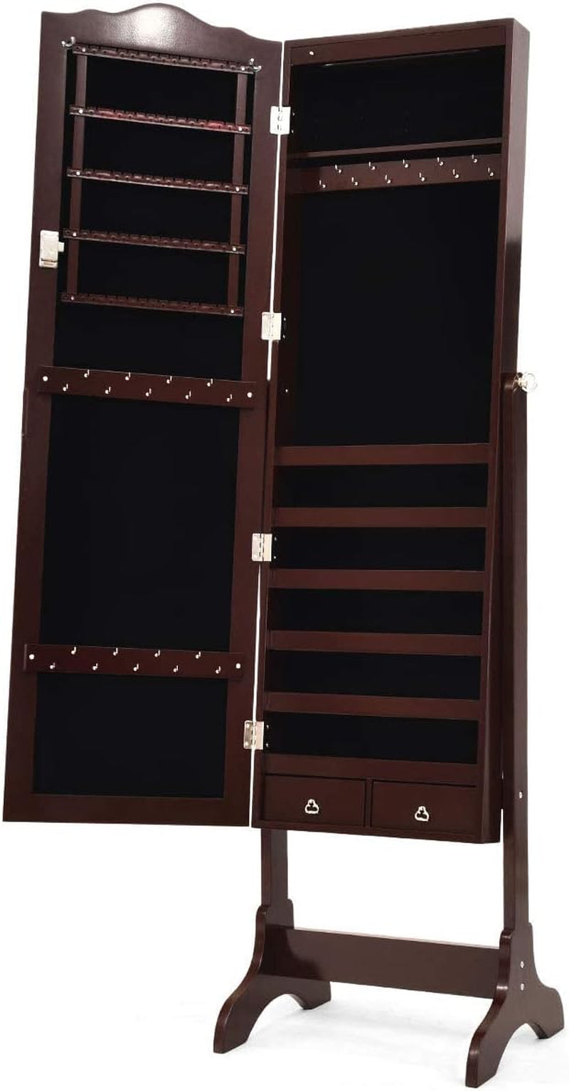 Lockable Jewelry Cabinet Armoire with Full-Length Mirror, LED Lights & Storage Drawers – Floor Standing Organizer (Brown)