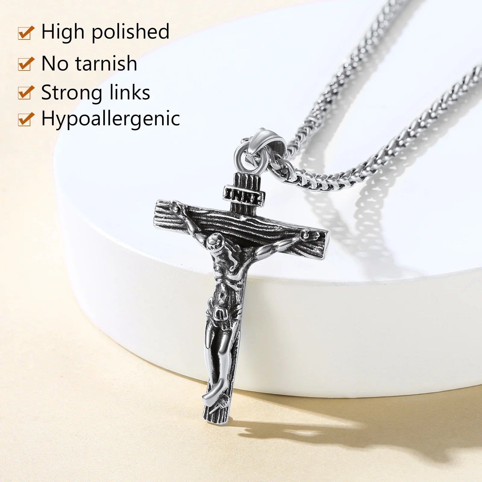 Men’s Stainless Steel Cross Necklace – INRI Crucifix Pendant, Religious Jesus Piece Praying Jewelry for Christian Dad, Father’s Day Gift