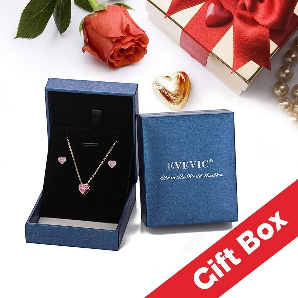 Austrian Crystal Heart Pendant Necklace & Earrings Set – 14K Gold Plated Hypoallergenic Jewelry for Women