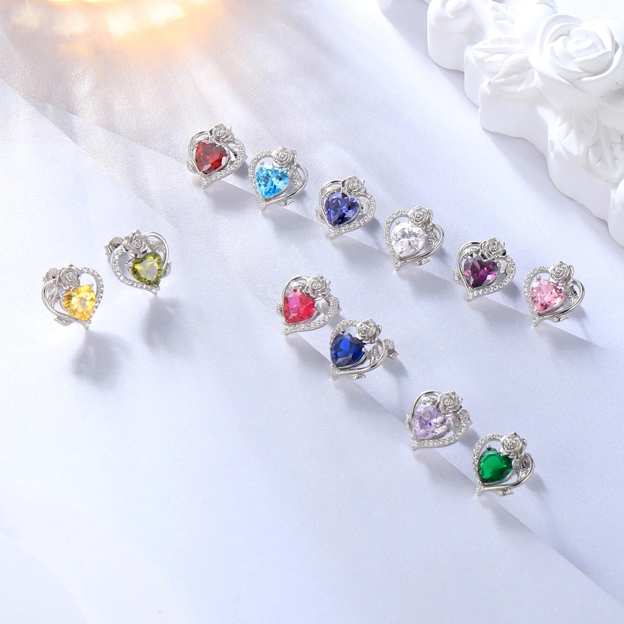 Rose Heart Birthstone Earrings – July Birthstone Studs with Rose Flower Design in 925 Sterling Silver | Elegant Jewelry Gift for Women