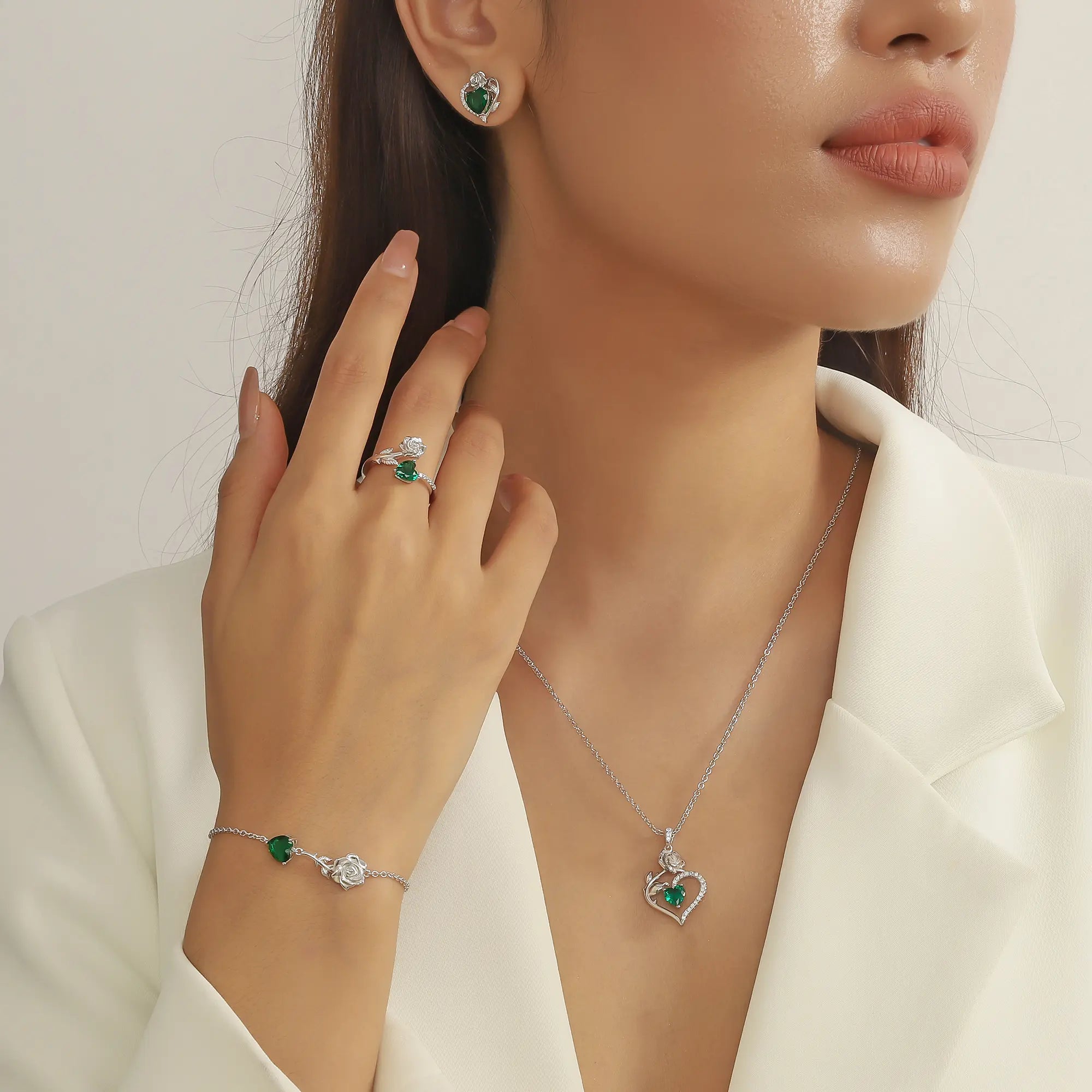 Rose Heart Jewelry Set – May Birthstone Rose Flower Necklace, Earrings, Ring & Bracelet in 925 Sterling Silver | Gift for Women, Mom
